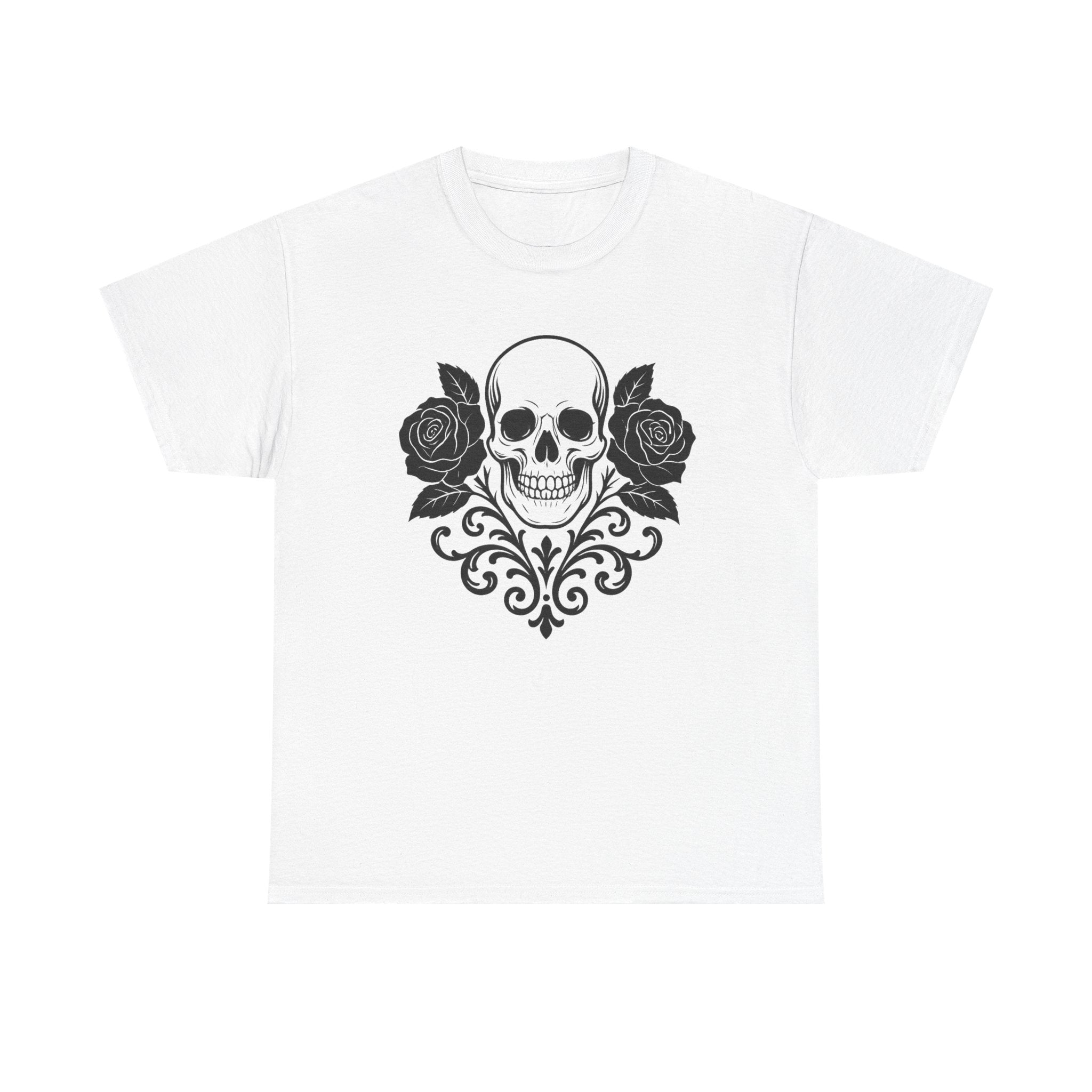 Gothic Skull and Roses Tee, Unisex Heavy Cotton T-Shirt for Halloween, Alternative Fashion, Edgy Streetwear, Gift for Dark Aesthetics