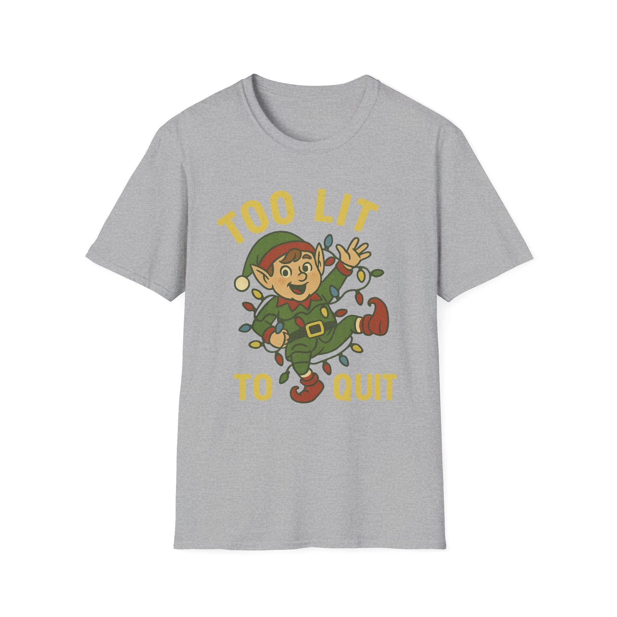Too Lit to Quit Christmas T-Shirt, Unisex Holiday Tee, Funny Elf Graphic Shirt, Christmas Party Wear, Gift for Friends