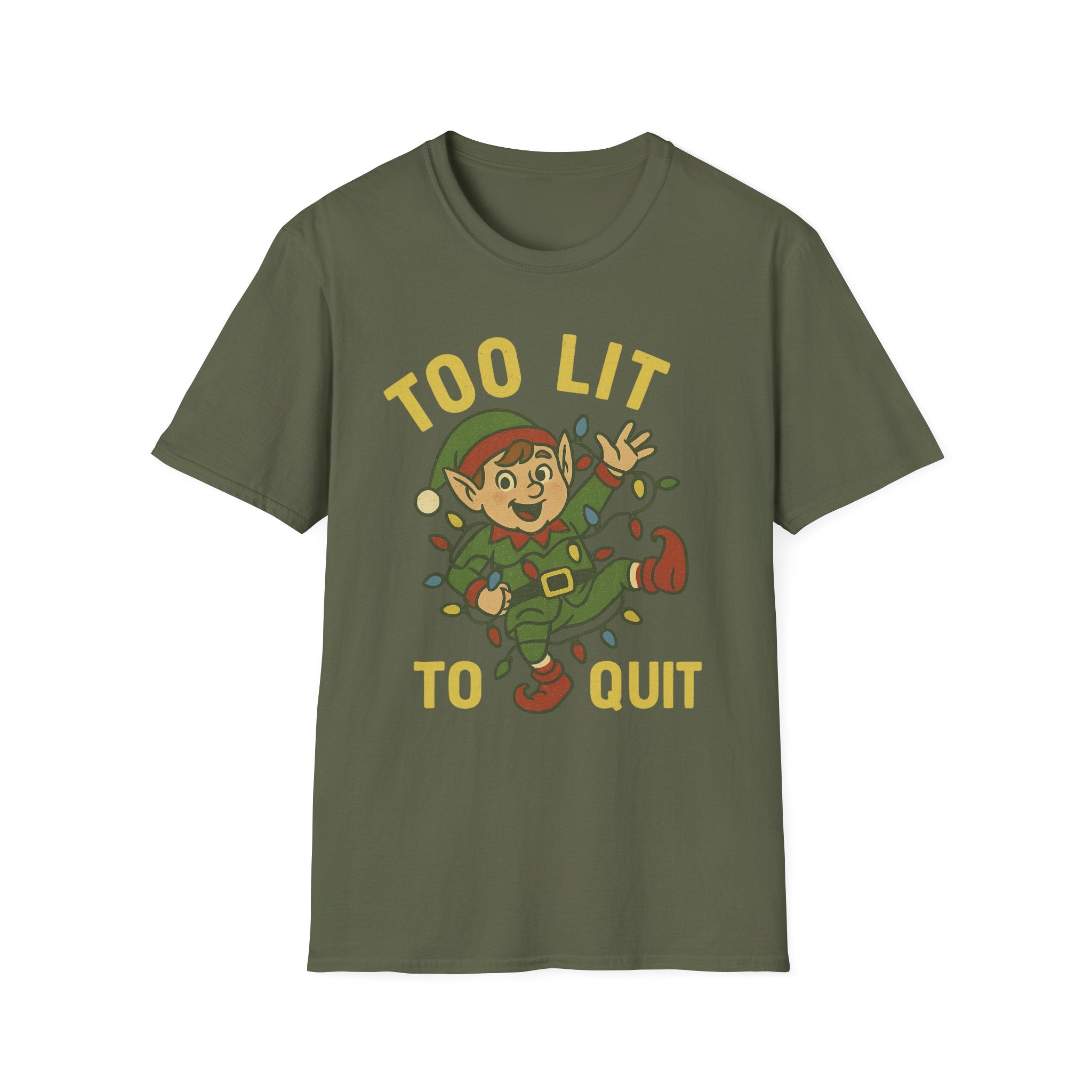 Too Lit to Quit Christmas T-Shirt, Unisex Holiday Tee, Funny Elf Graphic Shirt, Christmas Party Wear, Gift for Friends