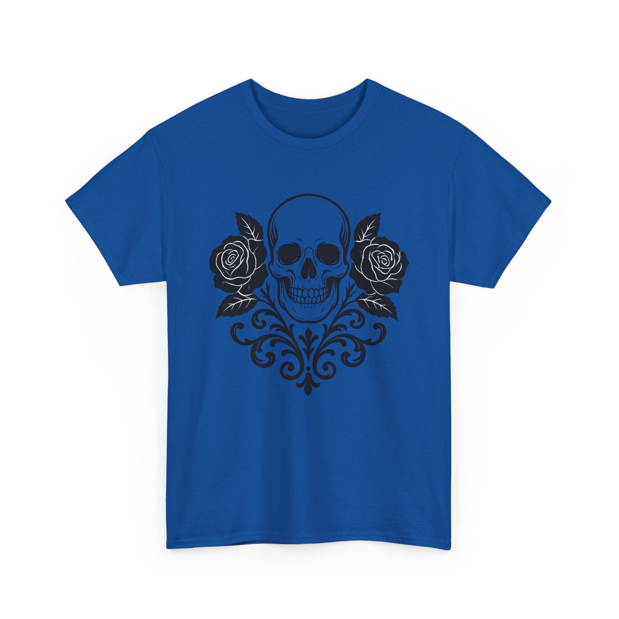 Gothic Skull and Roses Tee, Unisex Heavy Cotton T-Shirt for Halloween, Alternative Fashion, Edgy Streetwear, Gift for Dark Aesthetics