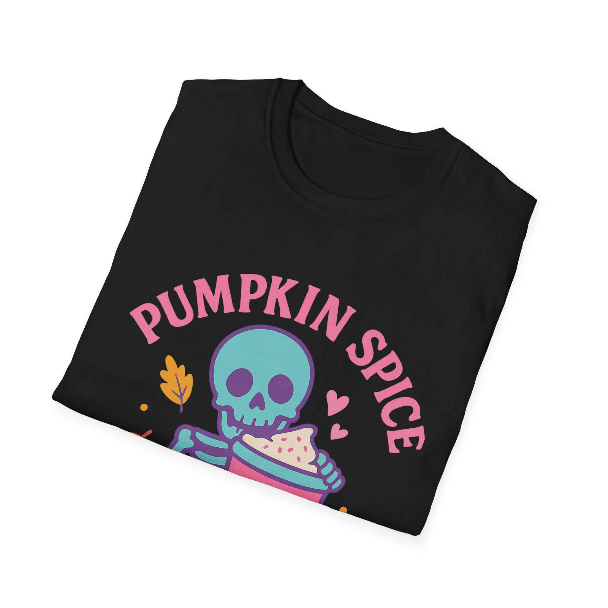 Pumpkin Spice Skeleton T-Shirt, Fall Apparel, Halloween Shirt, Casual Tee, Gift for Pumpkin Lovers, Autumn Fashion