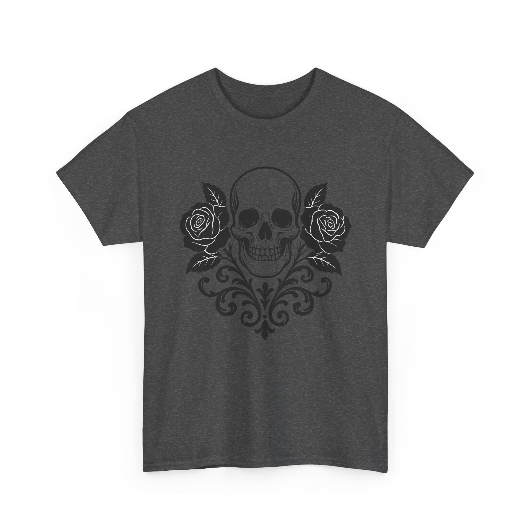 Gothic Skull and Roses Tee, Unisex Heavy Cotton T-Shirt for Halloween, Alternative Fashion, Edgy Streetwear, Gift for Dark Aesthetics