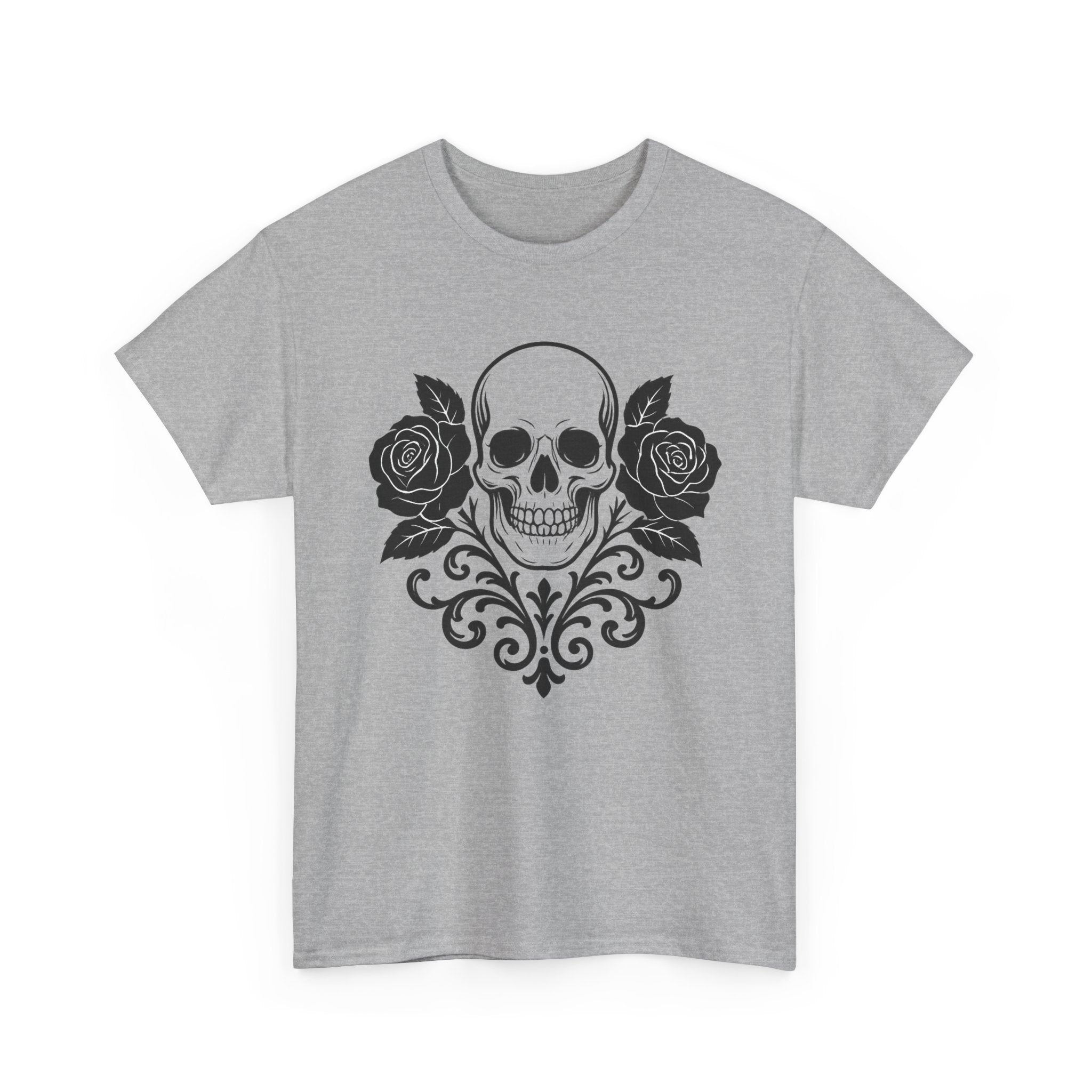 Gothic Skull and Roses Tee, Unisex Heavy Cotton T-Shirt for Halloween, Alternative Fashion, Edgy Streetwear, Gift for Dark Aesthetics