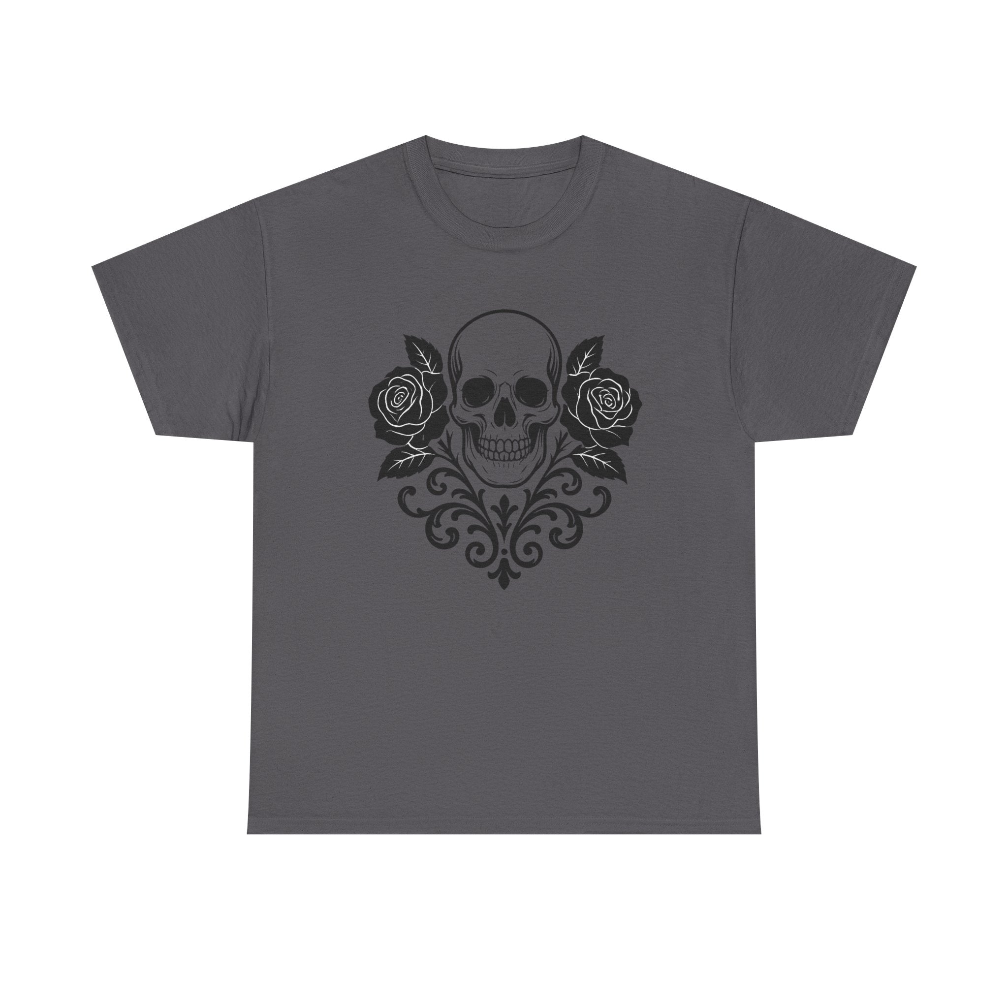 Gothic Skull and Roses Tee, Unisex Heavy Cotton T-Shirt for Halloween, Alternative Fashion, Edgy Streetwear, Gift for Dark Aesthetics