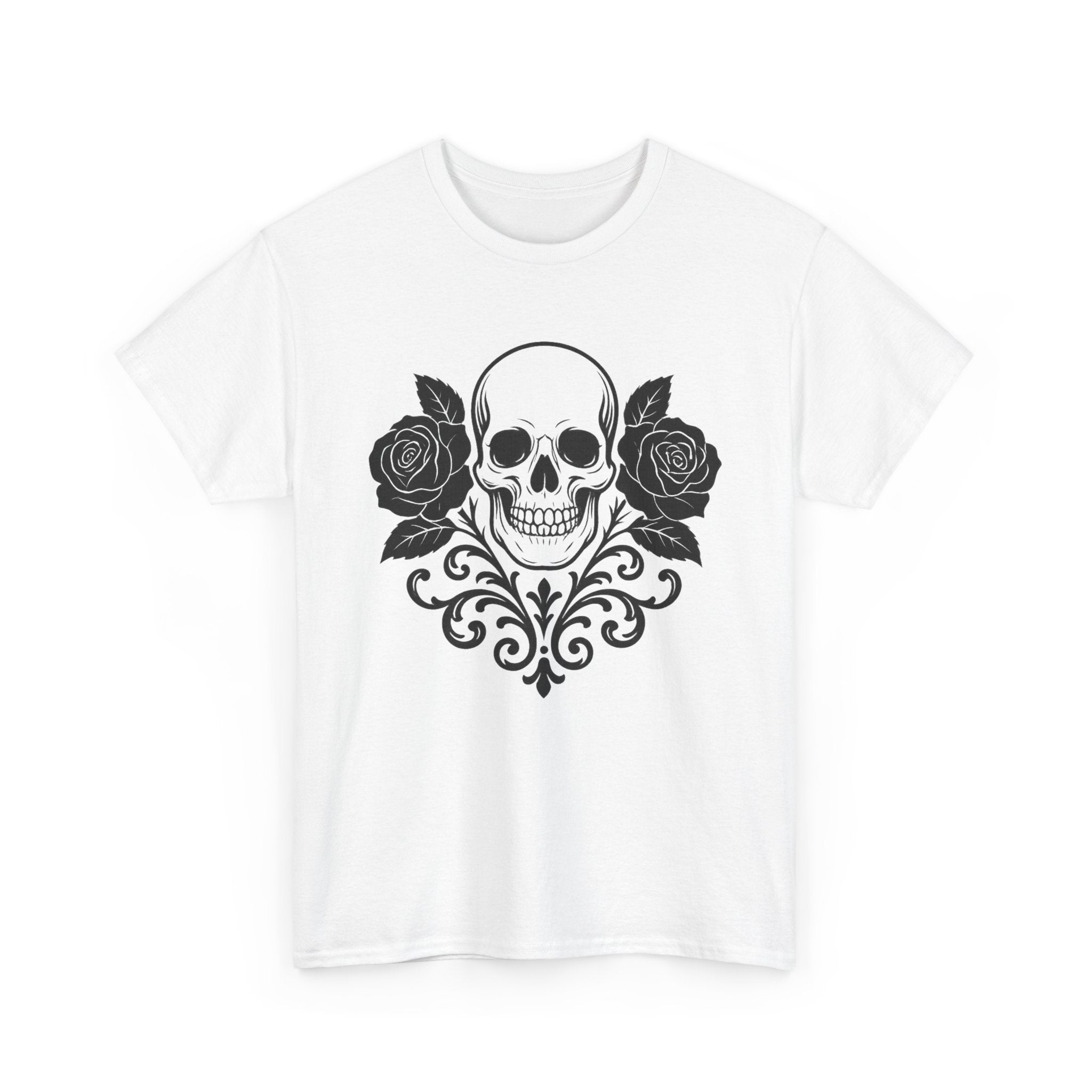Gothic Skull and Roses Tee, Unisex Heavy Cotton T-Shirt for Halloween, Alternative Fashion, Edgy Streetwear, Gift for Dark Aesthetics