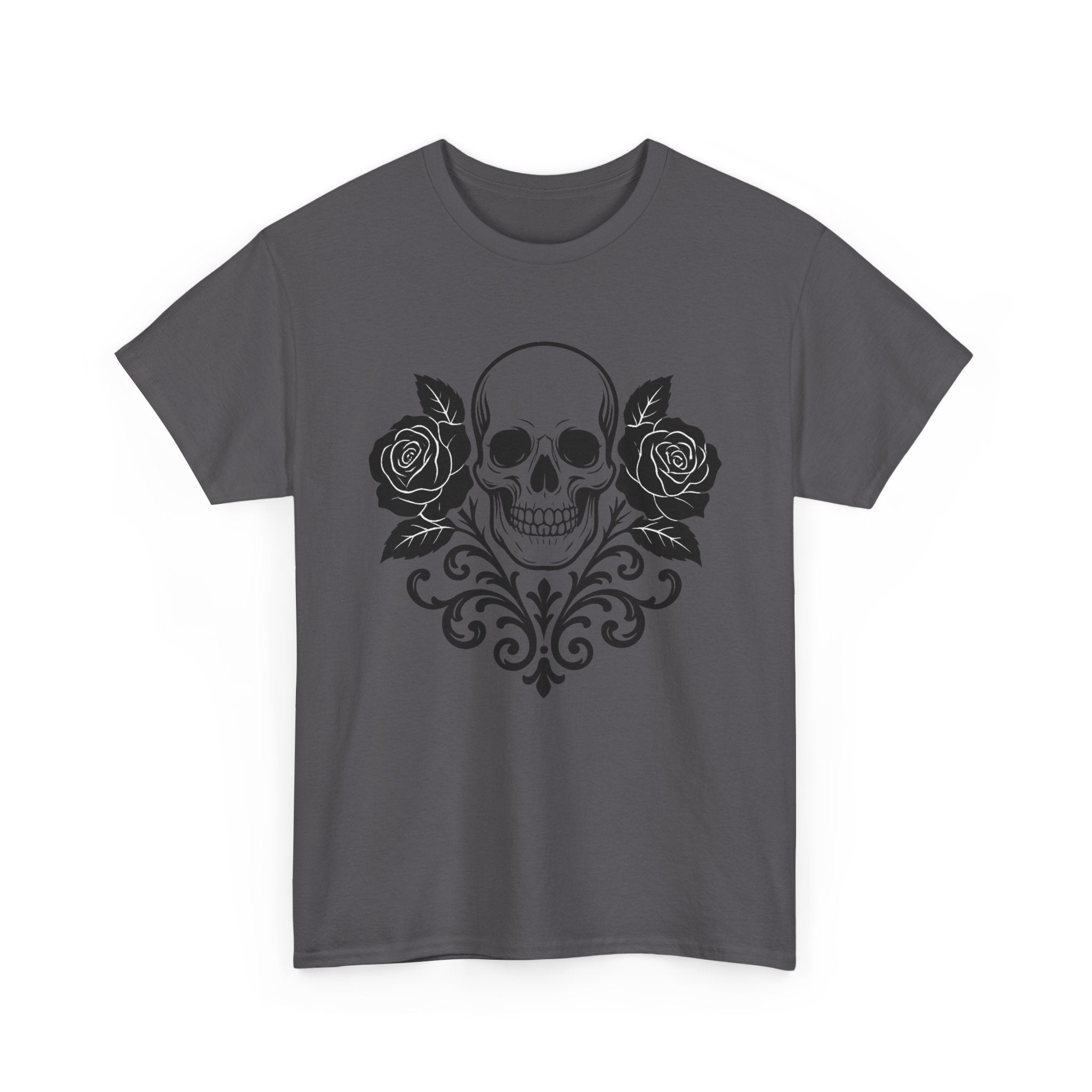 Gothic Skull and Roses Tee, Unisex Heavy Cotton T-Shirt for Halloween, Alternative Fashion, Edgy Streetwear, Gift for Dark Aesthetics