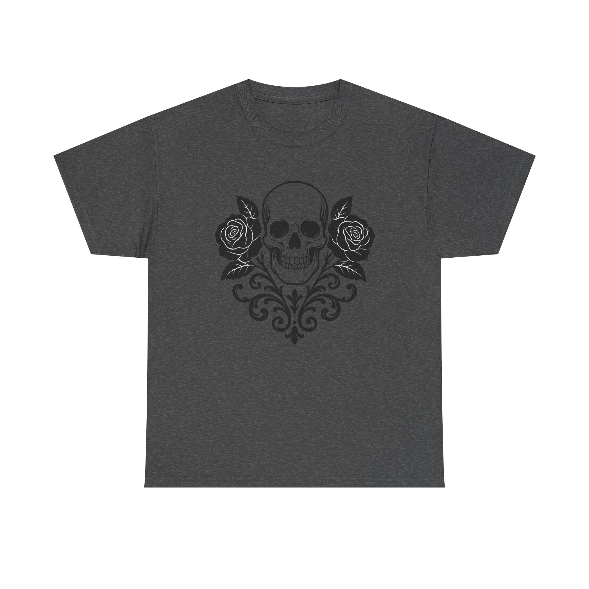Gothic Skull and Roses Tee, Unisex Heavy Cotton T-Shirt for Halloween, Alternative Fashion, Edgy Streetwear, Gift for Dark Aesthetics