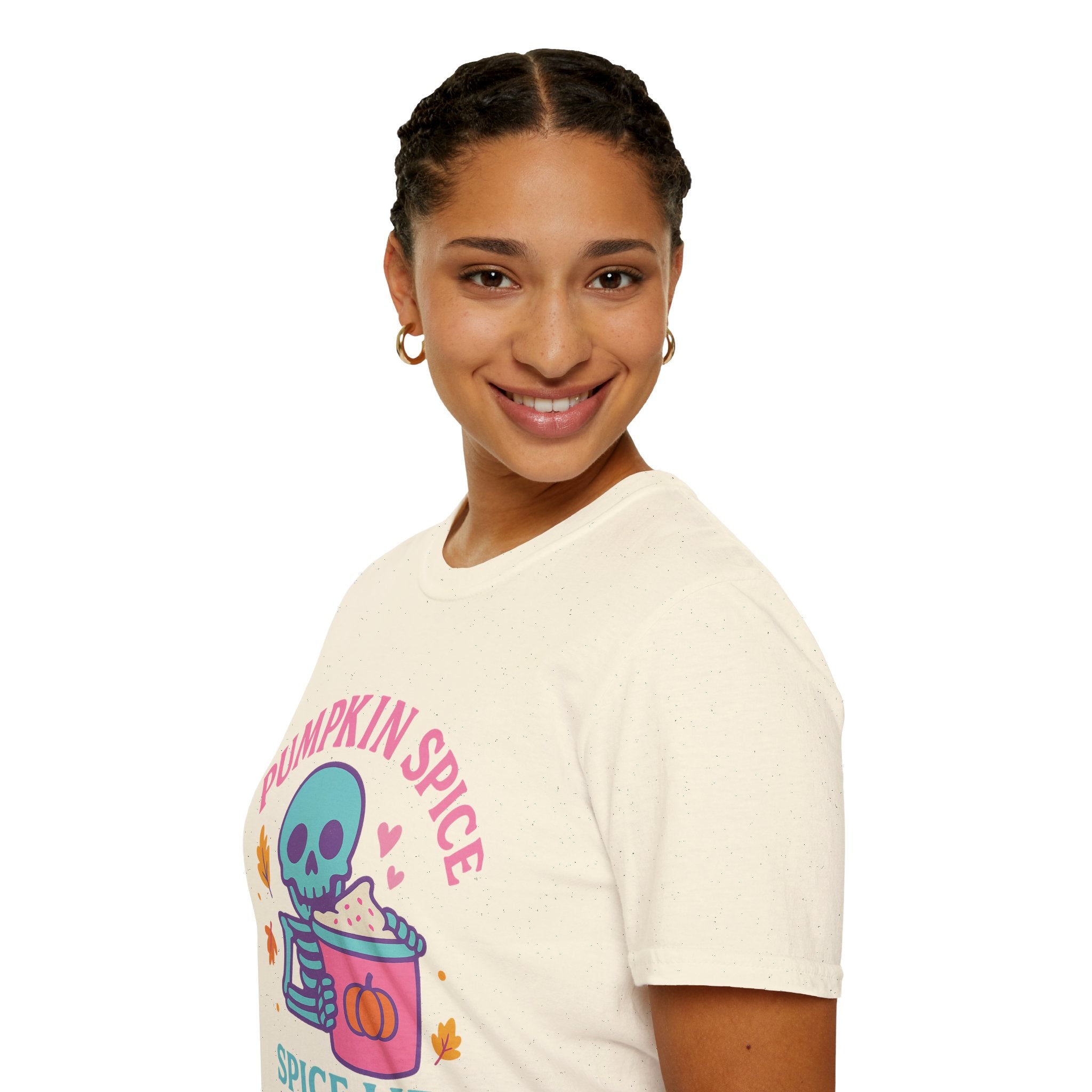 Pumpkin Spice Skeleton T-Shirt, Fall Apparel, Halloween Shirt, Casual Tee, Gift for Pumpkin Lovers, Autumn Fashion