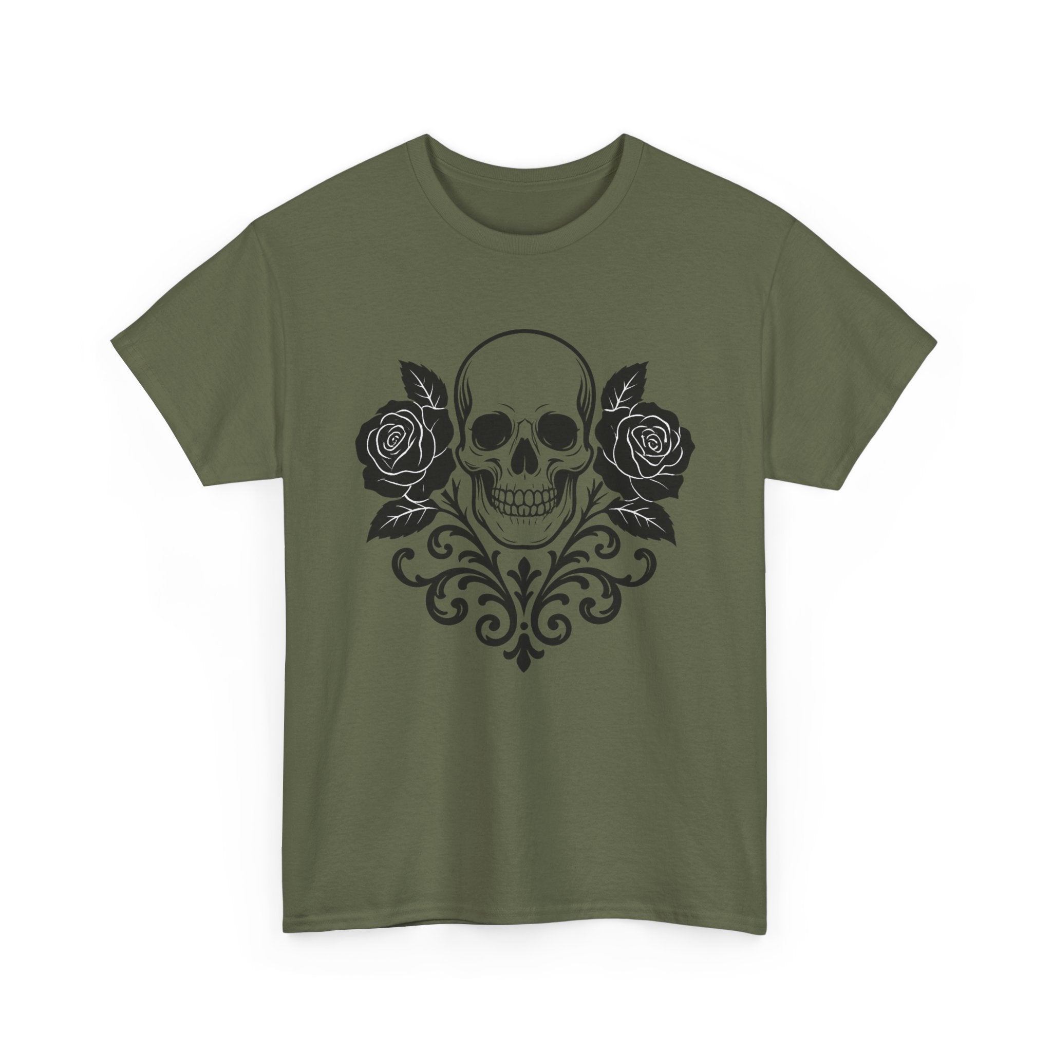 Gothic Skull and Roses Tee, Unisex Heavy Cotton T-Shirt for Halloween, Alternative Fashion, Edgy Streetwear, Gift for Dark Aesthetics