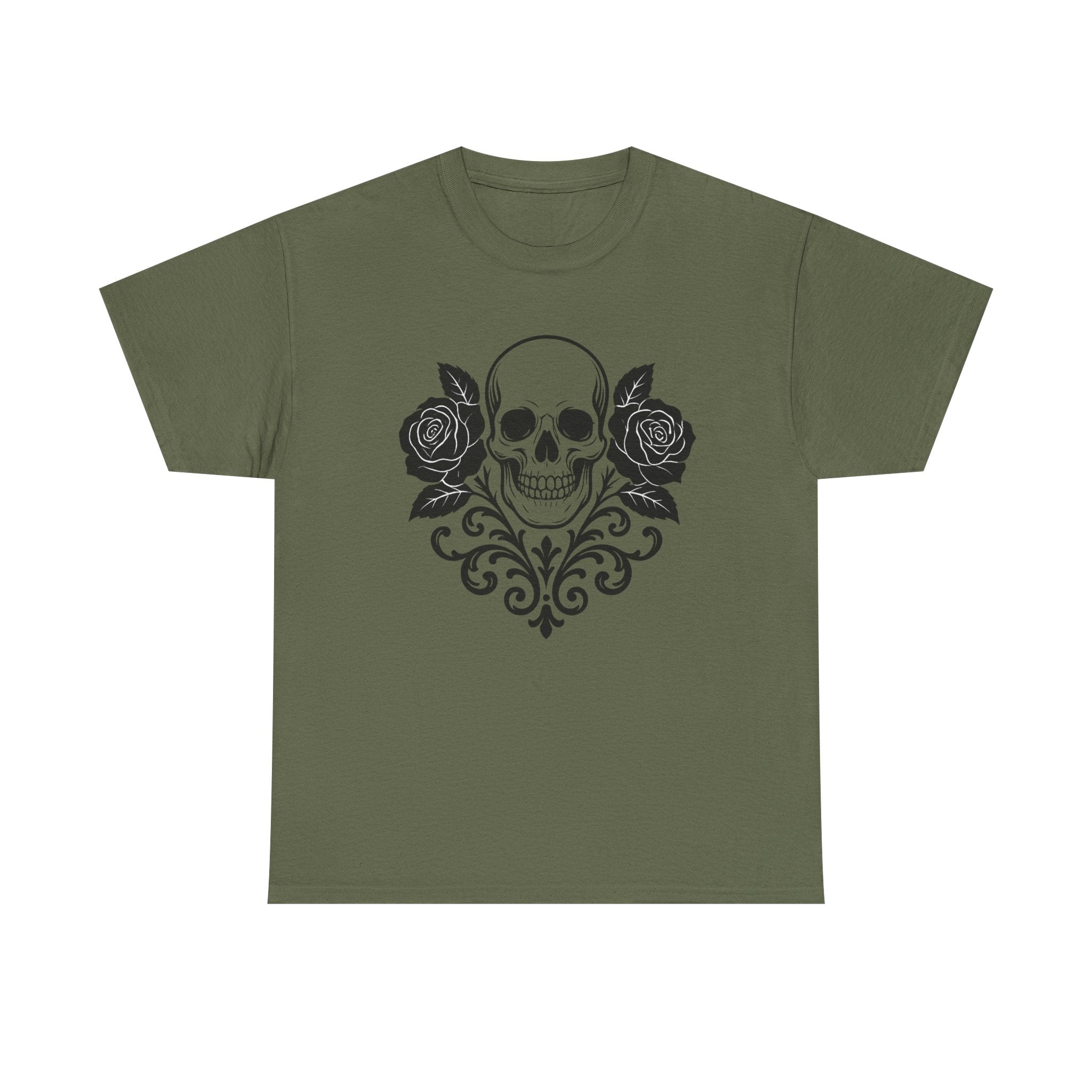 Gothic Skull and Roses Tee, Unisex Heavy Cotton T-Shirt for Halloween, Alternative Fashion, Edgy Streetwear, Gift for Dark Aesthetics