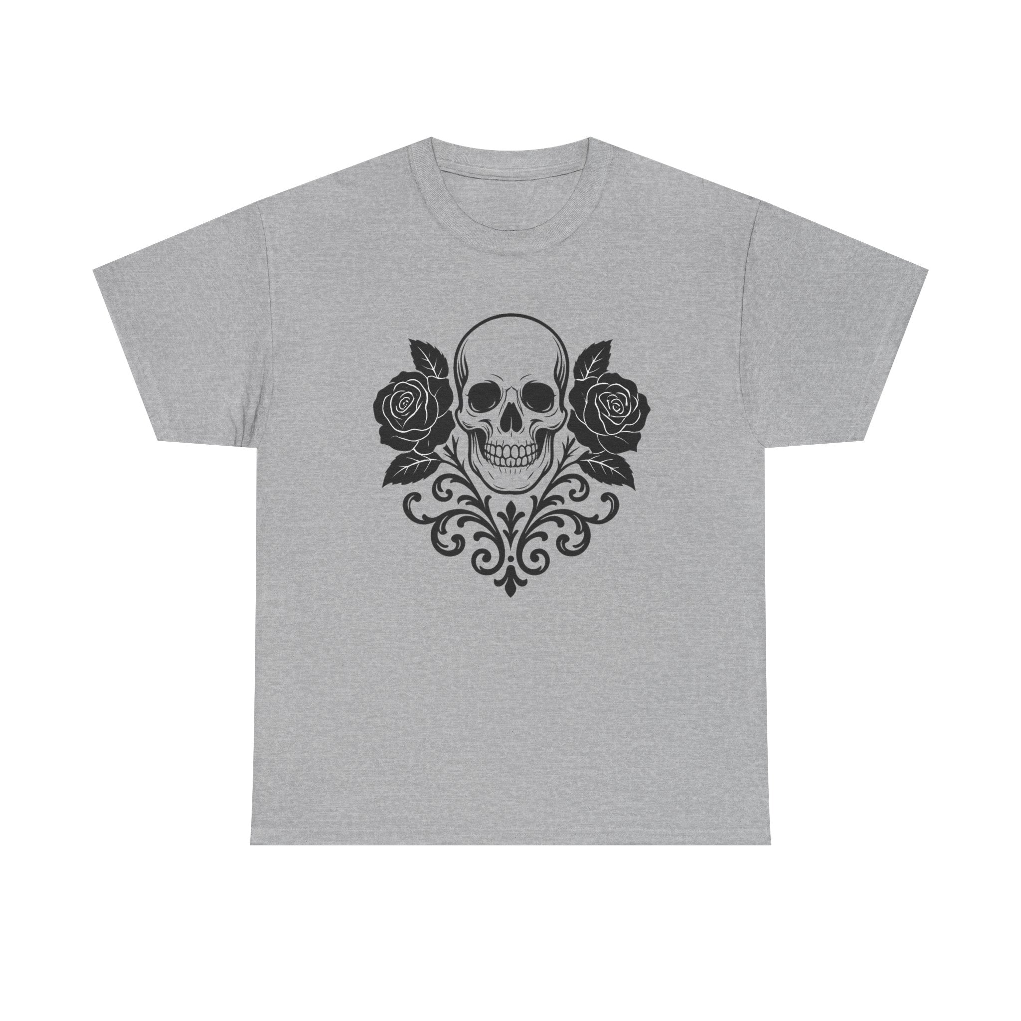 Gothic Skull and Roses Tee, Unisex Heavy Cotton T-Shirt for Halloween, Alternative Fashion, Edgy Streetwear, Gift for Dark Aesthetics