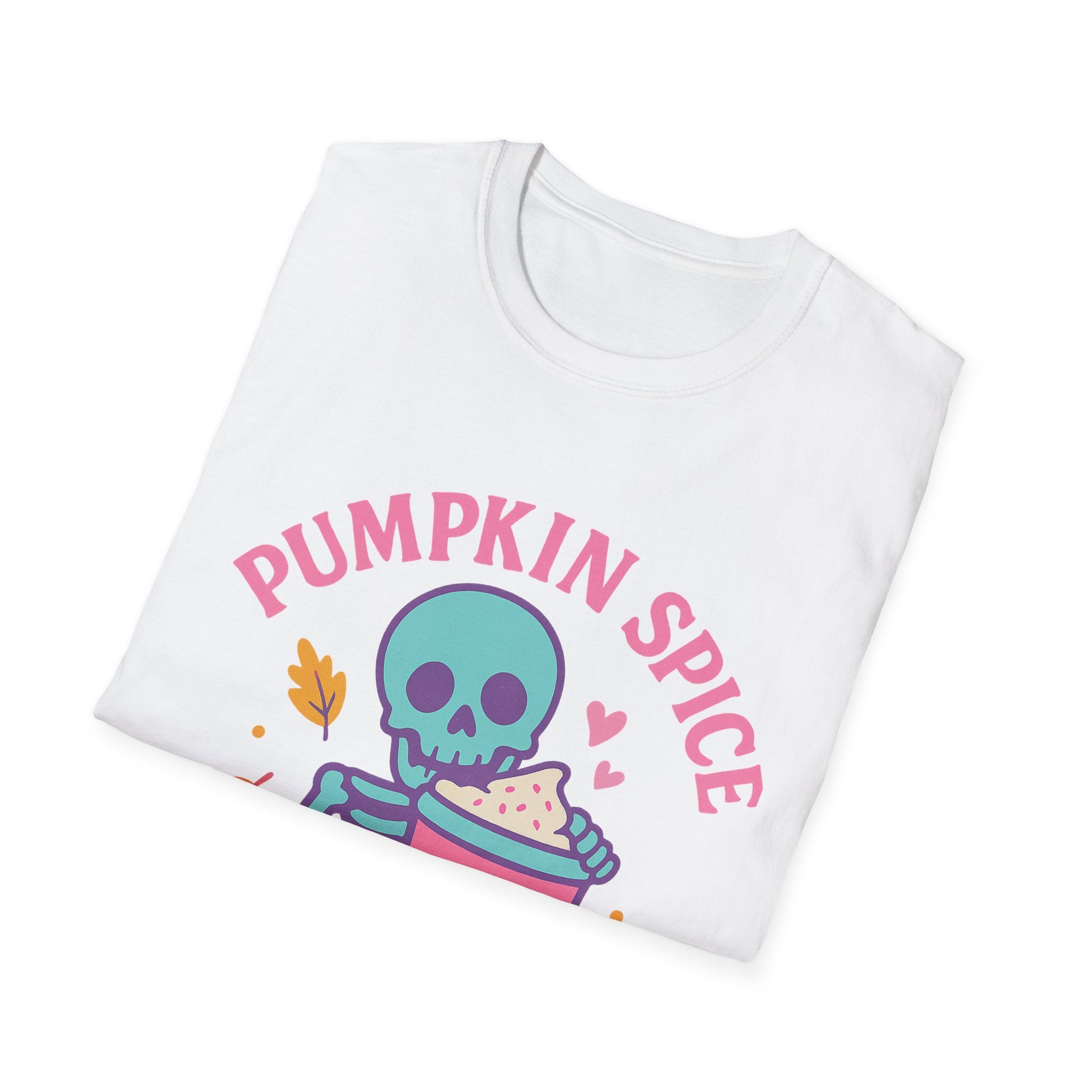Pumpkin Spice Skeleton T-Shirt, Fall Apparel, Halloween Shirt, Casual Tee, Gift for Pumpkin Lovers, Autumn Fashion