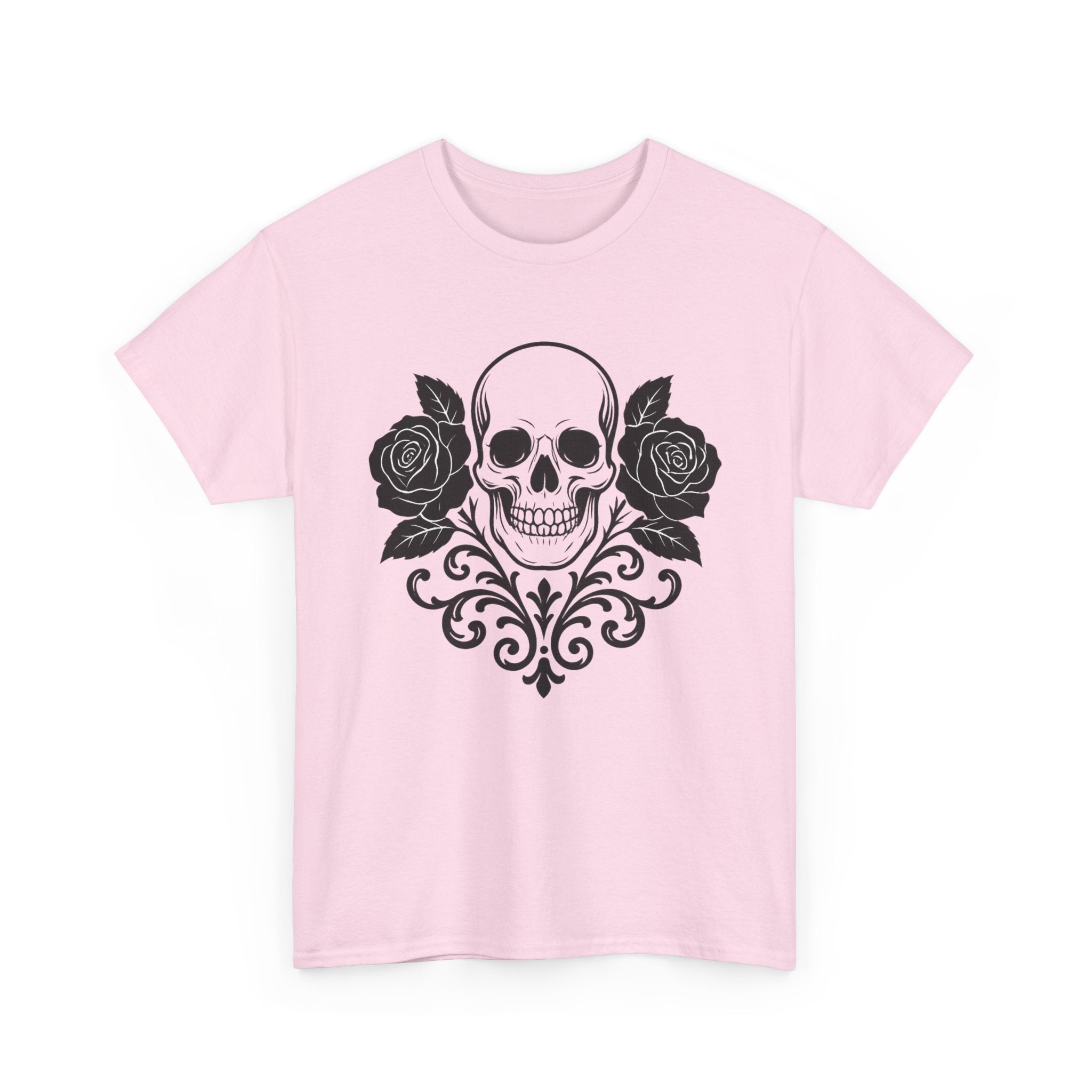 Gothic Skull and Roses Tee, Unisex Heavy Cotton T-Shirt for Halloween, Alternative Fashion, Edgy Streetwear, Gift for Dark Aesthetics