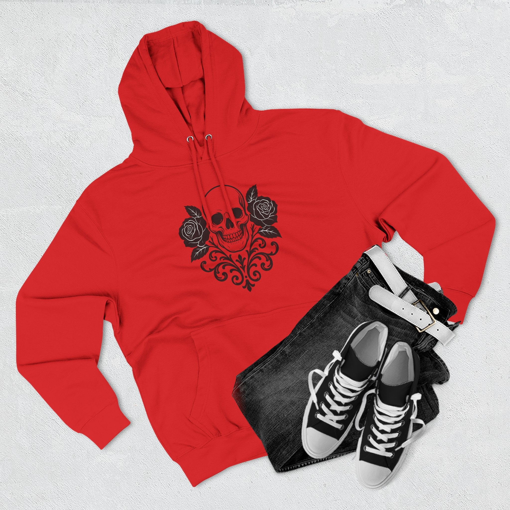 Gothic Skull and Roses Hoodie, Cozy Unisex Fleece Sweatshirt, Halloween Gift, Casual Streetwear, Edgy Fashion