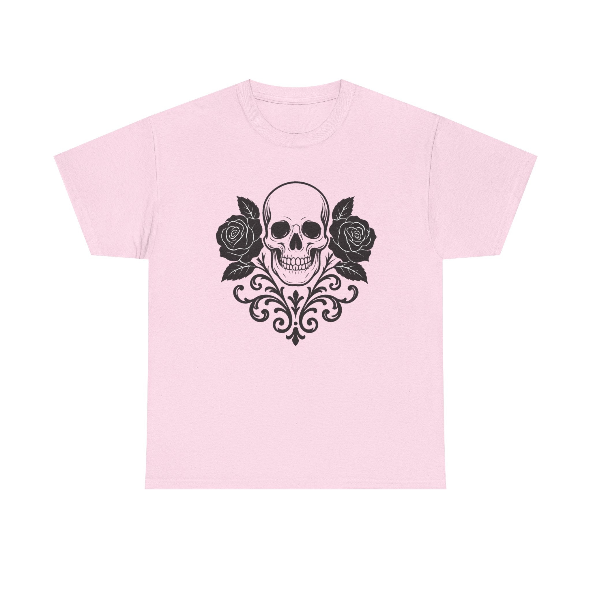 Gothic Skull and Roses Tee, Unisex Heavy Cotton T-Shirt for Halloween, Alternative Fashion, Edgy Streetwear, Gift for Dark Aesthetics