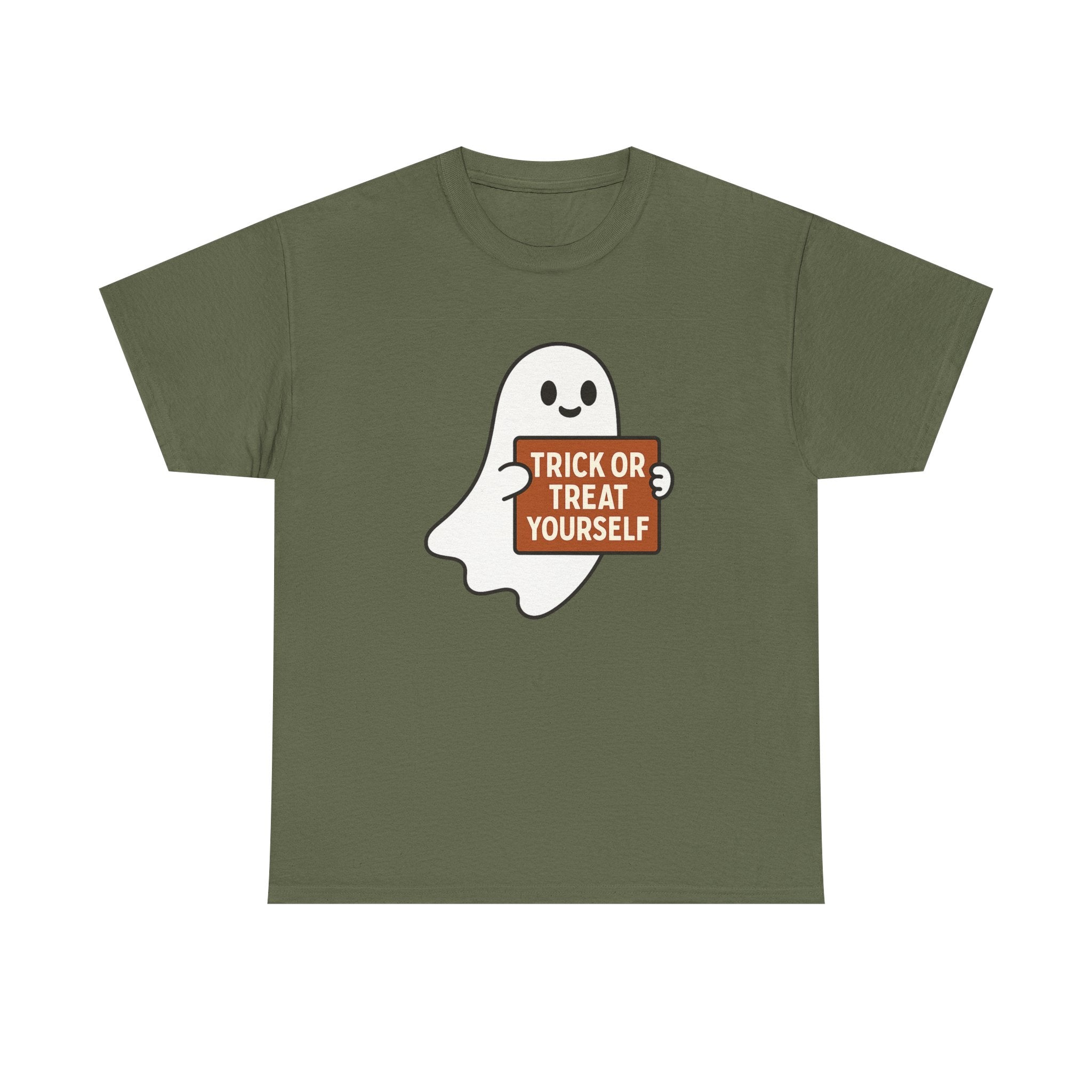 Funny Halloween Ghost Tee, Unisex Heavy Cotton Tee, Trick or Treat Yourself Shirt, Spooky Gift, Autumn Apparel, Halloween Costume