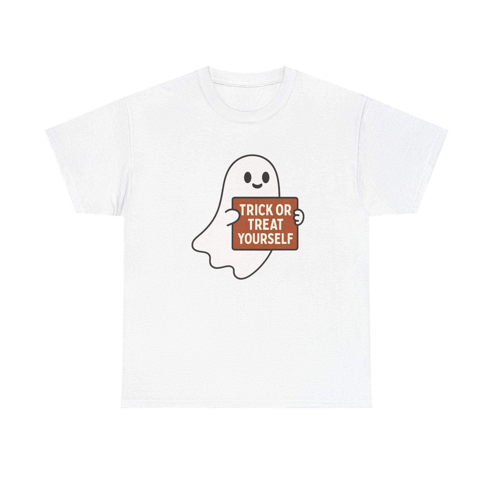 Funny Halloween Ghost Tee, Unisex Heavy Cotton Tee, Trick or Treat Yourself Shirt, Spooky Gift, Autumn Apparel, Halloween Costume