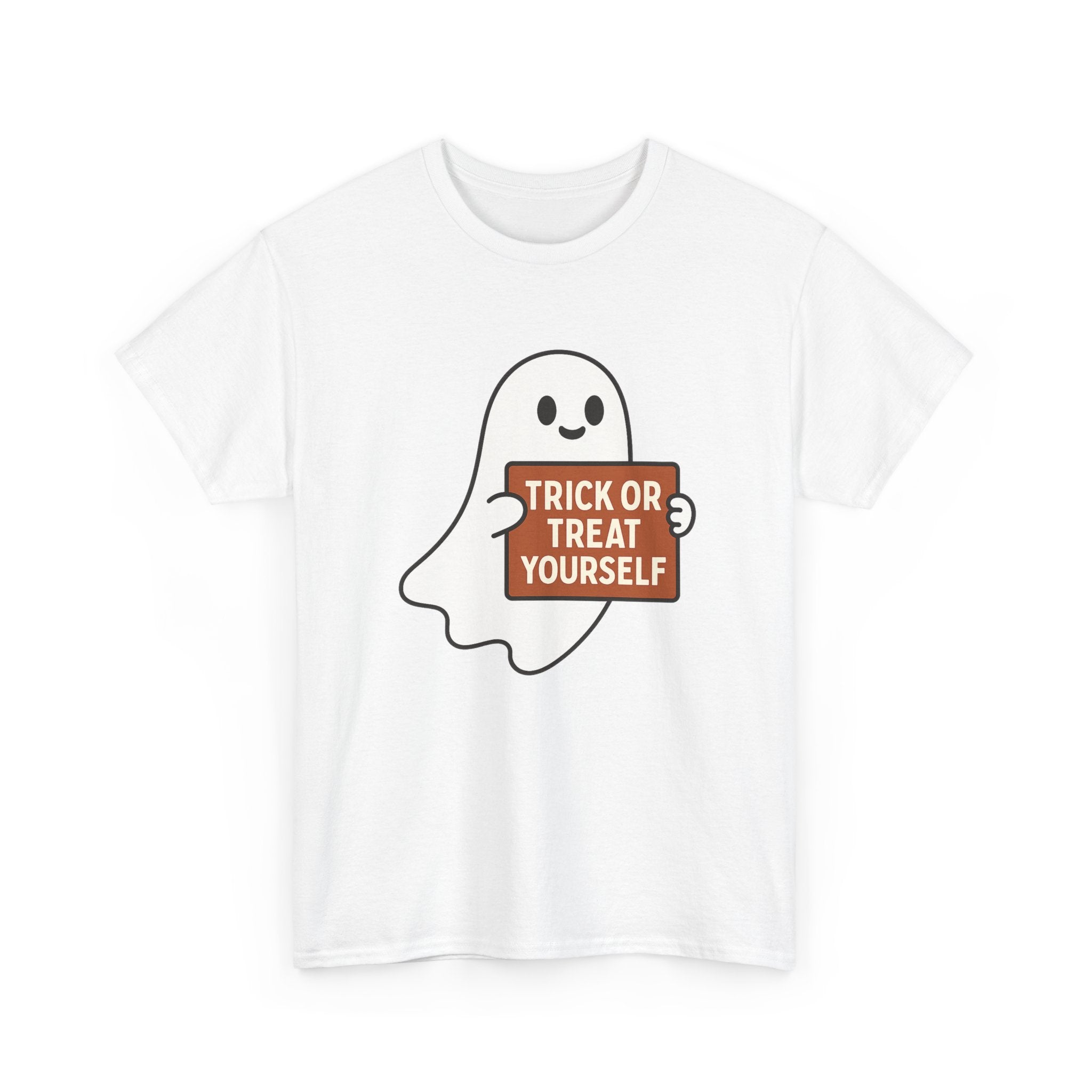 Funny Halloween Ghost Tee, Unisex Heavy Cotton Tee, Trick or Treat Yourself Shirt, Spooky Gift, Autumn Apparel, Halloween Costume