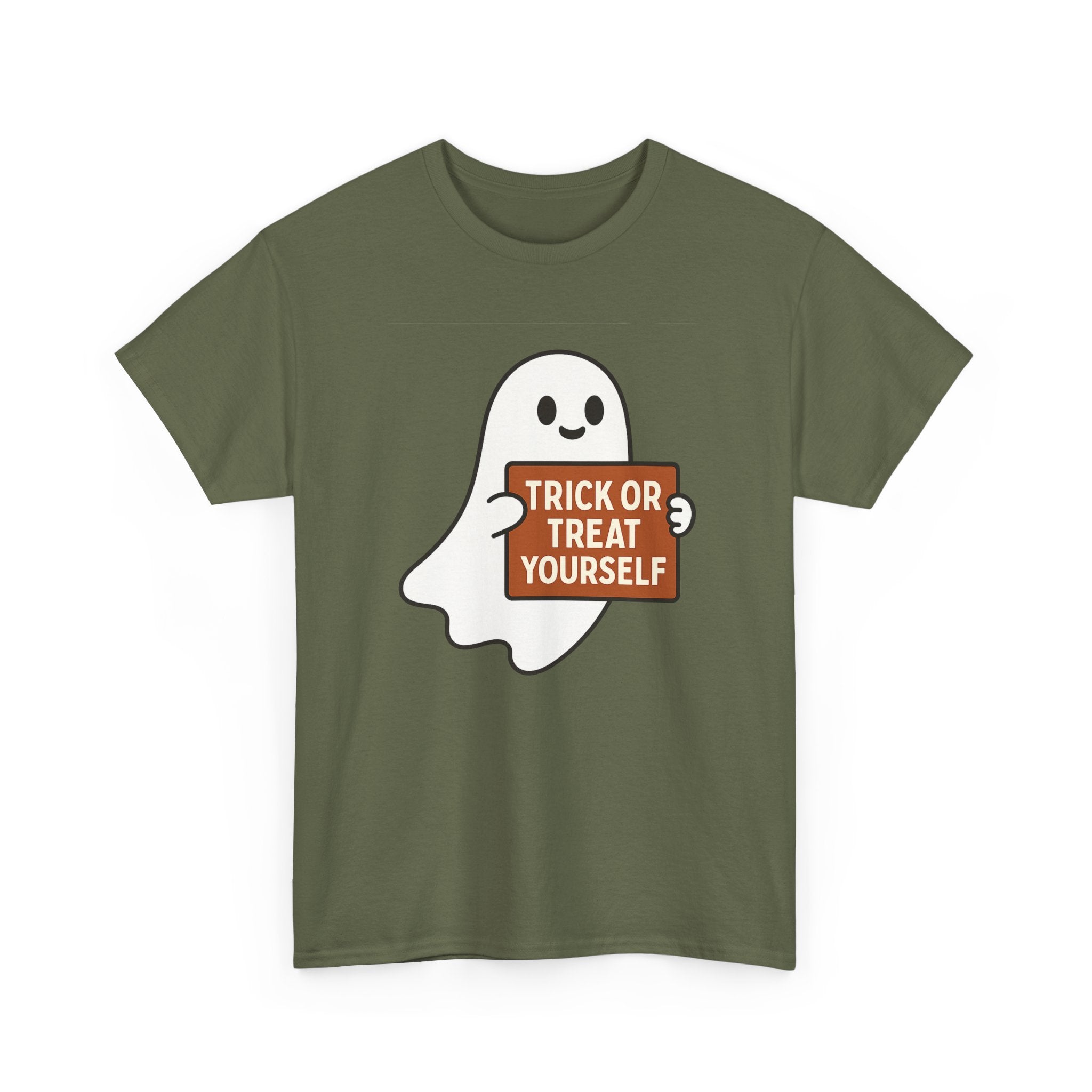 Funny Halloween Ghost Tee, Unisex Heavy Cotton Tee, Trick or Treat Yourself Shirt, Spooky Gift, Autumn Apparel, Halloween Costume