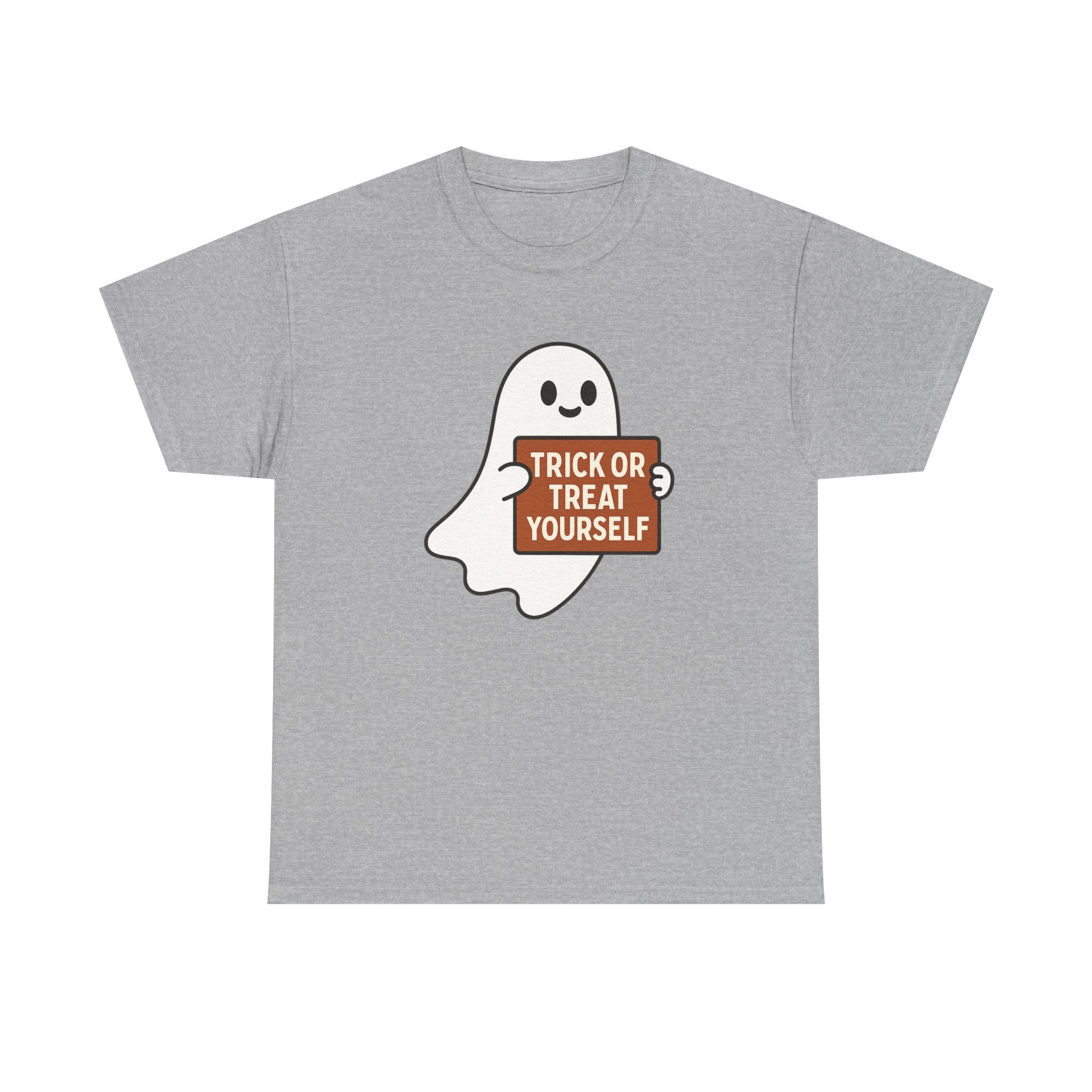 Funny Halloween Ghost Tee, Unisex Heavy Cotton Tee, Trick or Treat Yourself Shirt, Spooky Gift, Autumn Apparel, Halloween Costume